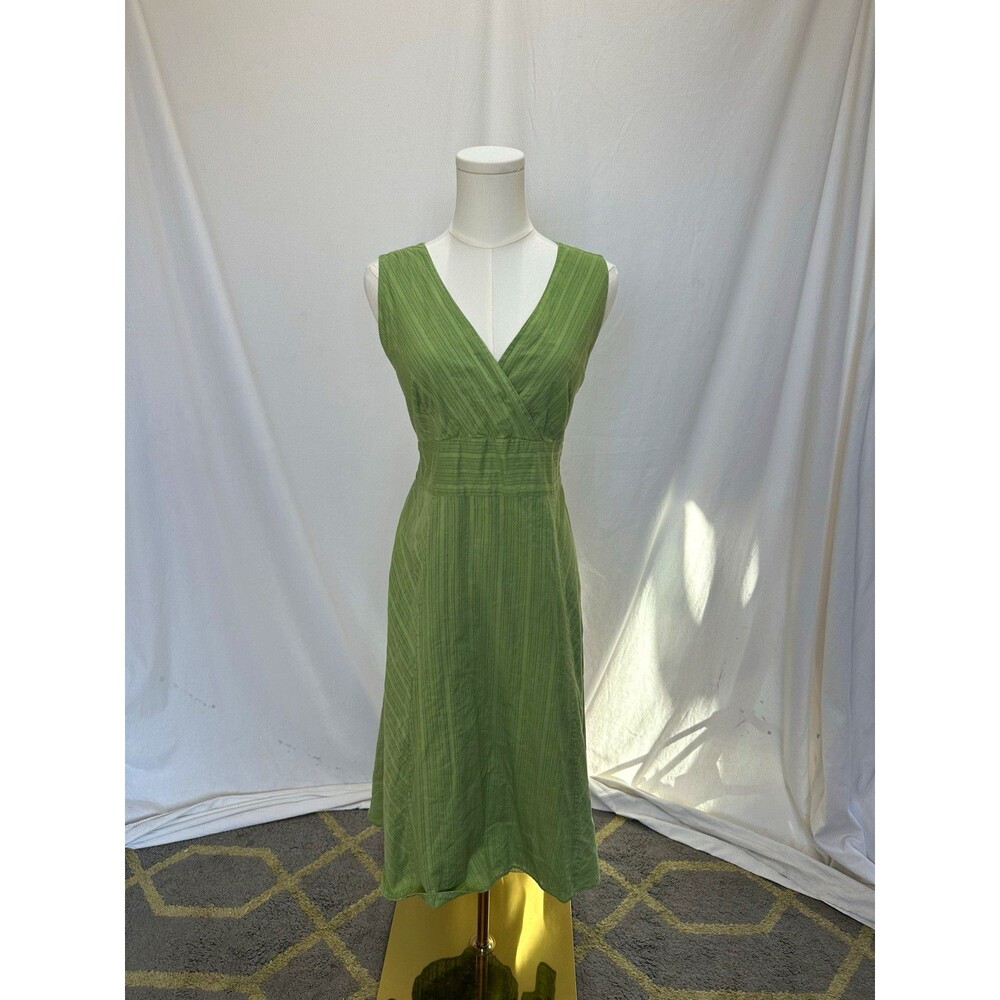 Eddie Bauer Green Striped Pleated A-Line Woven Cotton V-Neck Dress 12